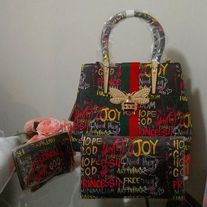 Stunning 3PC Glam Designer Graffiti Faux Togo Leather Top Handle Satchel Set